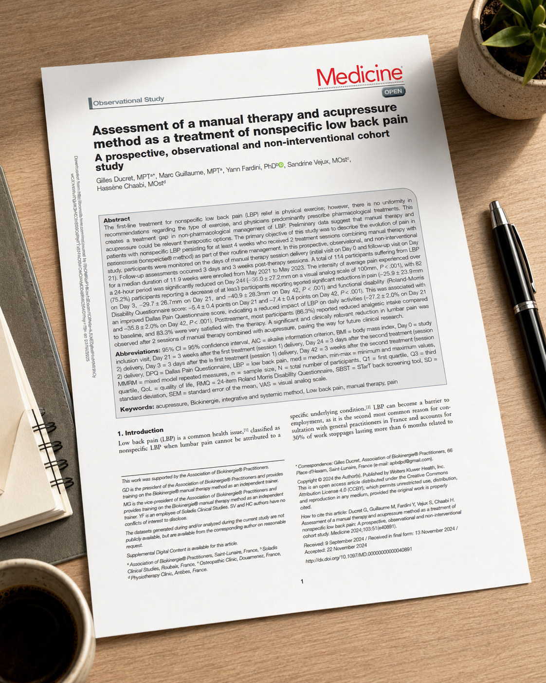 Première page de l'étude clinique sur la Biokinergie® publiée dans la revue scientifique Medicine.